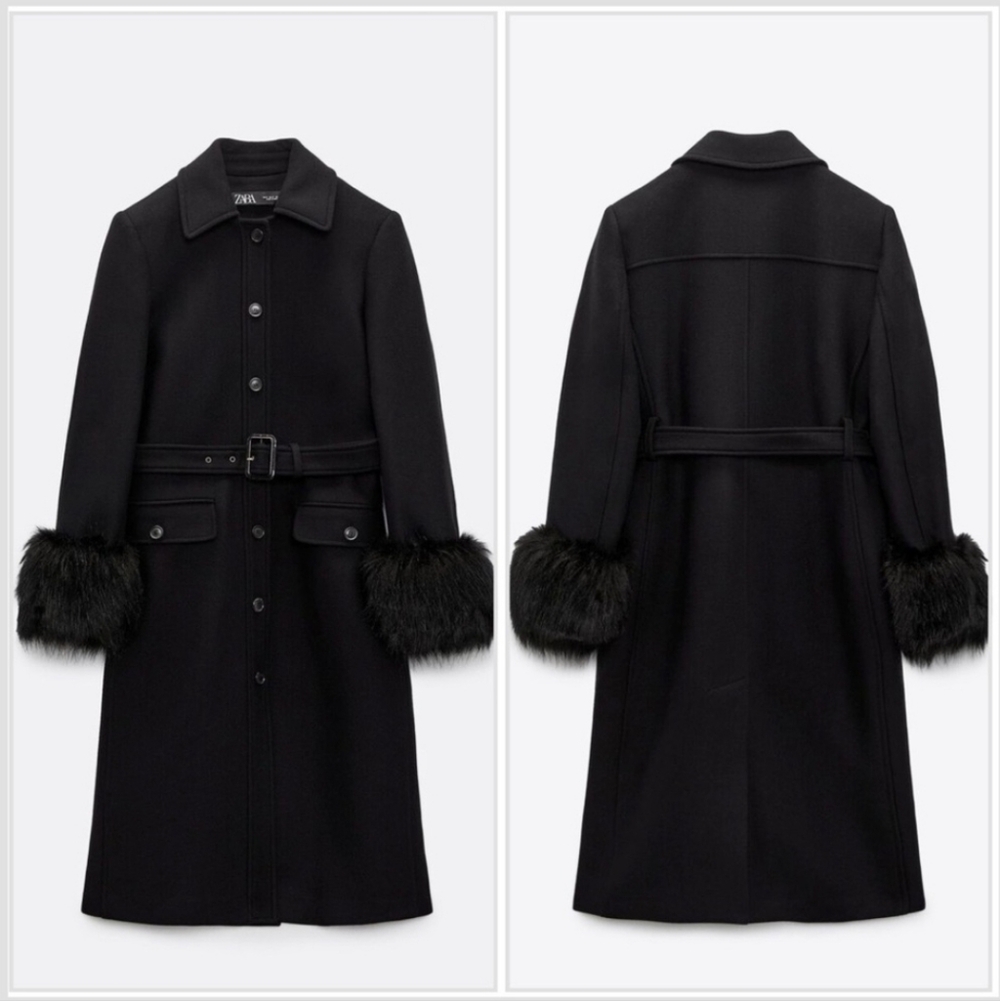✨ZARA MANTECO✨ Premium 75% Wool Black Trench Coat with Fur CUFFS, LIKE NEW EUC